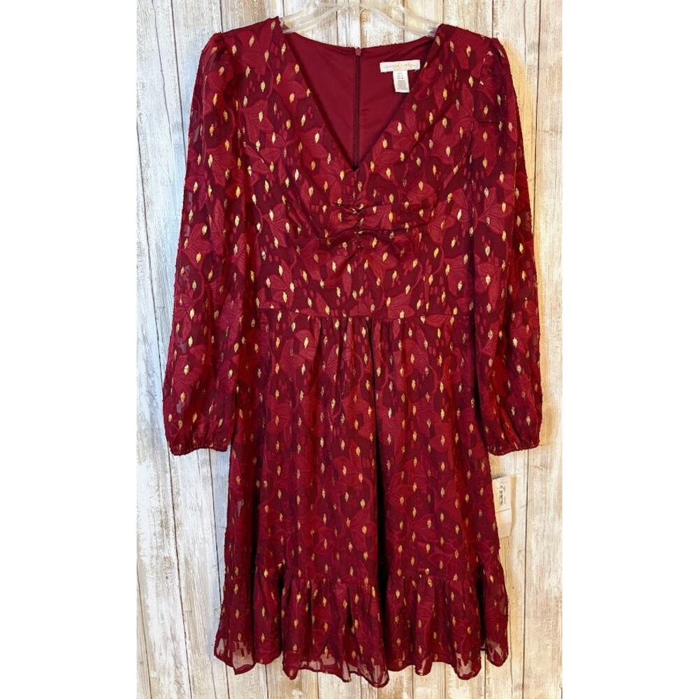 London Times Floral Burn Out‎ Bishop Sleeves Chiffon Fit Flare Dress Size 8 NWT